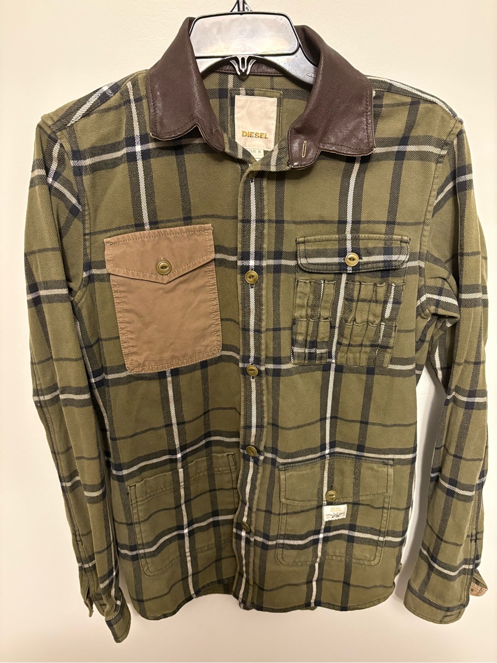 Chore Shirt Diesel Jacket Overshirt Flannel Check Leather Collar Mens Medium